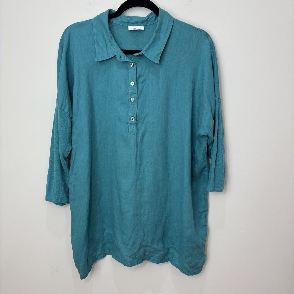 J Jill Love Linen Teal Blue Henley Top Women L Collared 3/4 Sleeves Lagenlook